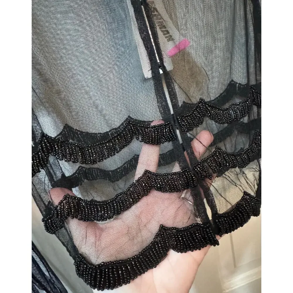 NWT Monique Leshman Black Sheer Scallop Beaded Crop Blouse Top Size S